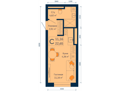 Планировка Студия · 22.7 м²