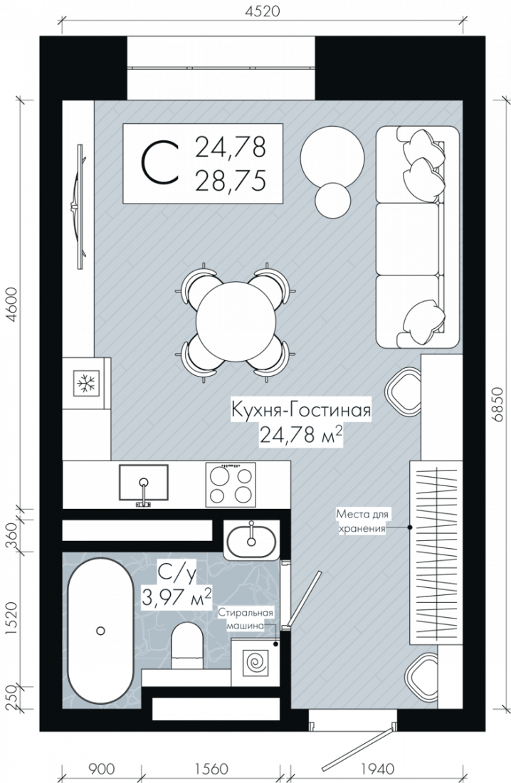 Планировка: Студия, 28.8 м²