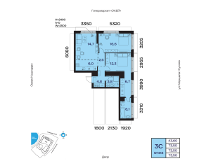 Планировка 3-комнатные 73,5 м²
