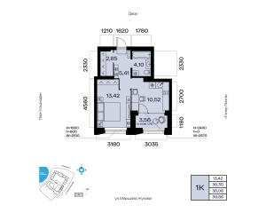 Планировка 1-комнатные 38,1 м²