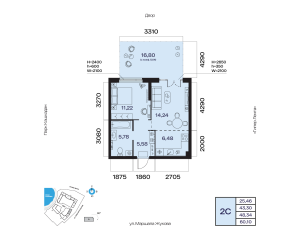 Планировка 2-комнатные 48,3 м²