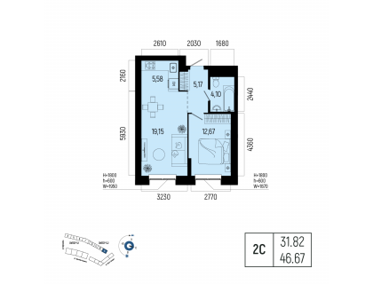 Планировка 2-комн. · 46.7 м²