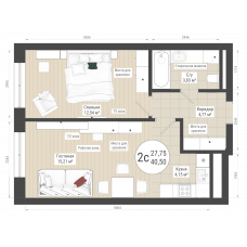 Планировка: 2-комн. квартира, 40.5 м²