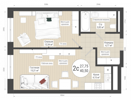Планировка 2-комн. · 40.5 м²