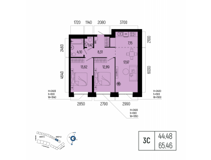 Планировка 3-комн. · 65.5 м²