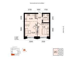 Планировка 2-комнатные 38,2 м²