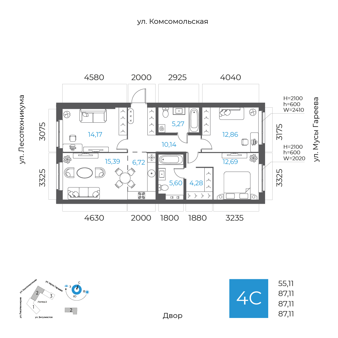 Планировка 4-комнатная квартира 87,1 м² в ЖК «8 НЕБО», 2 этаж — 16 511 100 ₽