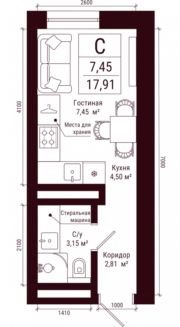 Планировка: Студия, 17.9 м²