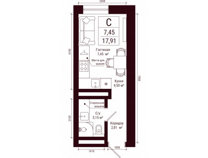 Планировка Студия · 17.9 м²