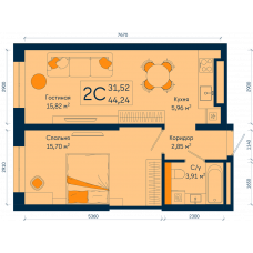 Планировка: 2-комн. квартира, 44.2 м²