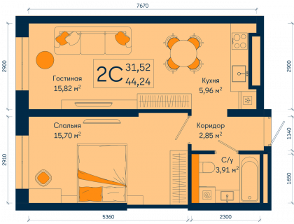 Планировка 2-комн. · 44.2 м²