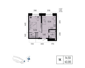 Планировка 1-комнатные 40,9 м²