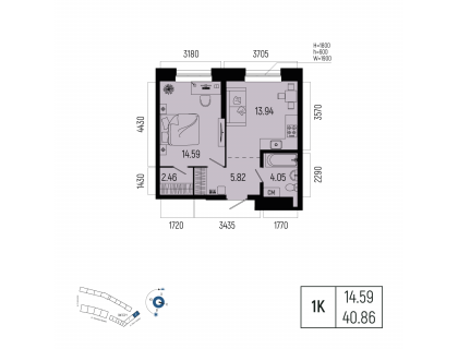 Планировка 1-комн. · 40.9 м²
