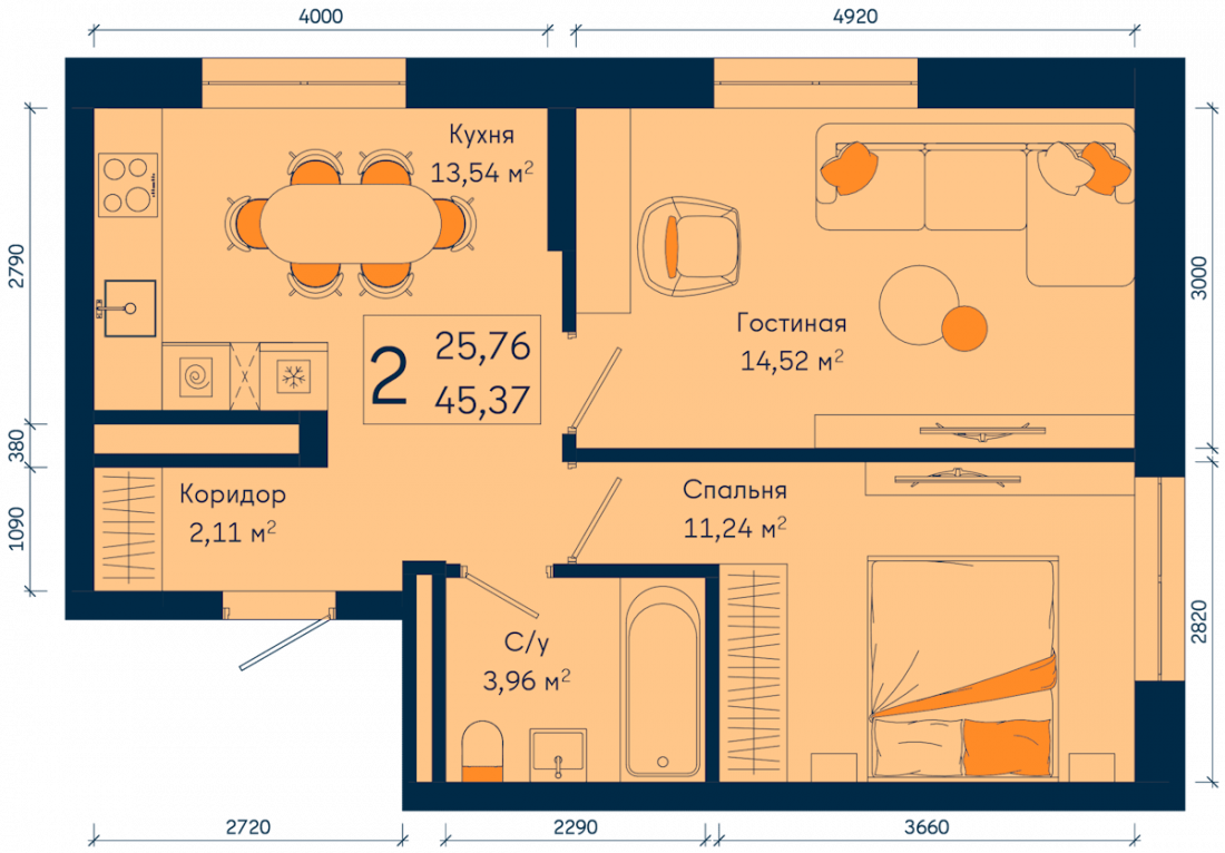 Планировка: 2-комн. квартира, 45.4 м²