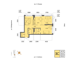 Планировка 3-комнатные 63,6 м²