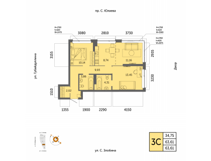 Планировка 3-комн. · 63.6 м²