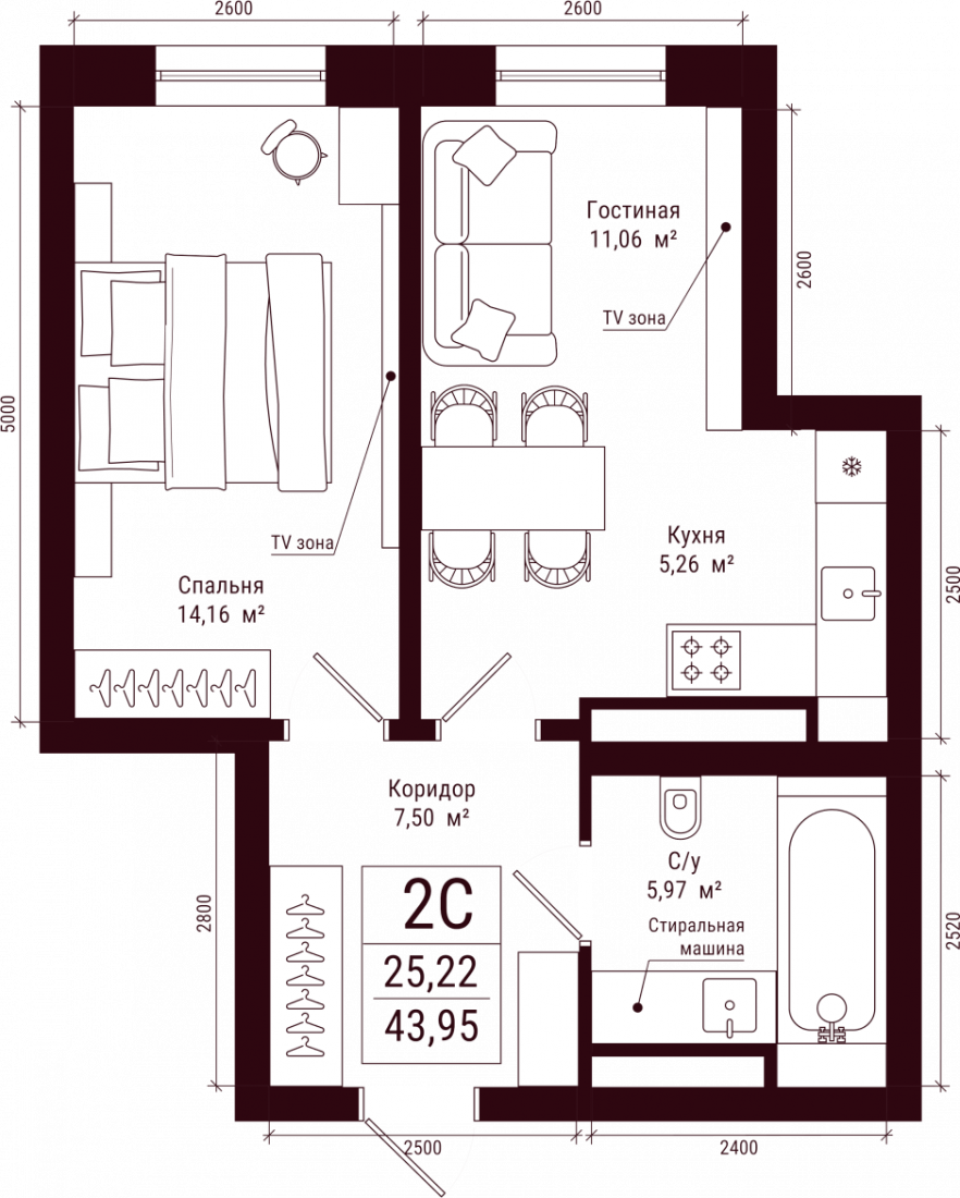 Планировка: 2-комн. квартира, 44 м²