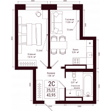 Планировка: 2-комн. квартира, 44 м²