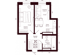 2-комн. · 44 м²