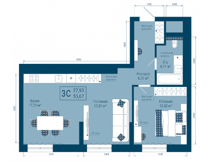 Планировка 3-комн. · 55.7 м²