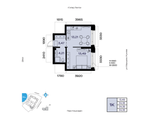Планировка 1-комнатные 34,4 м²