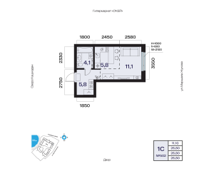 Планировка 1-комнатные 26,8 м²