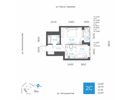Планировка 2-комн. · 41.3 м²
