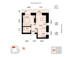 Планировка 2-комнатные 39,7 м²