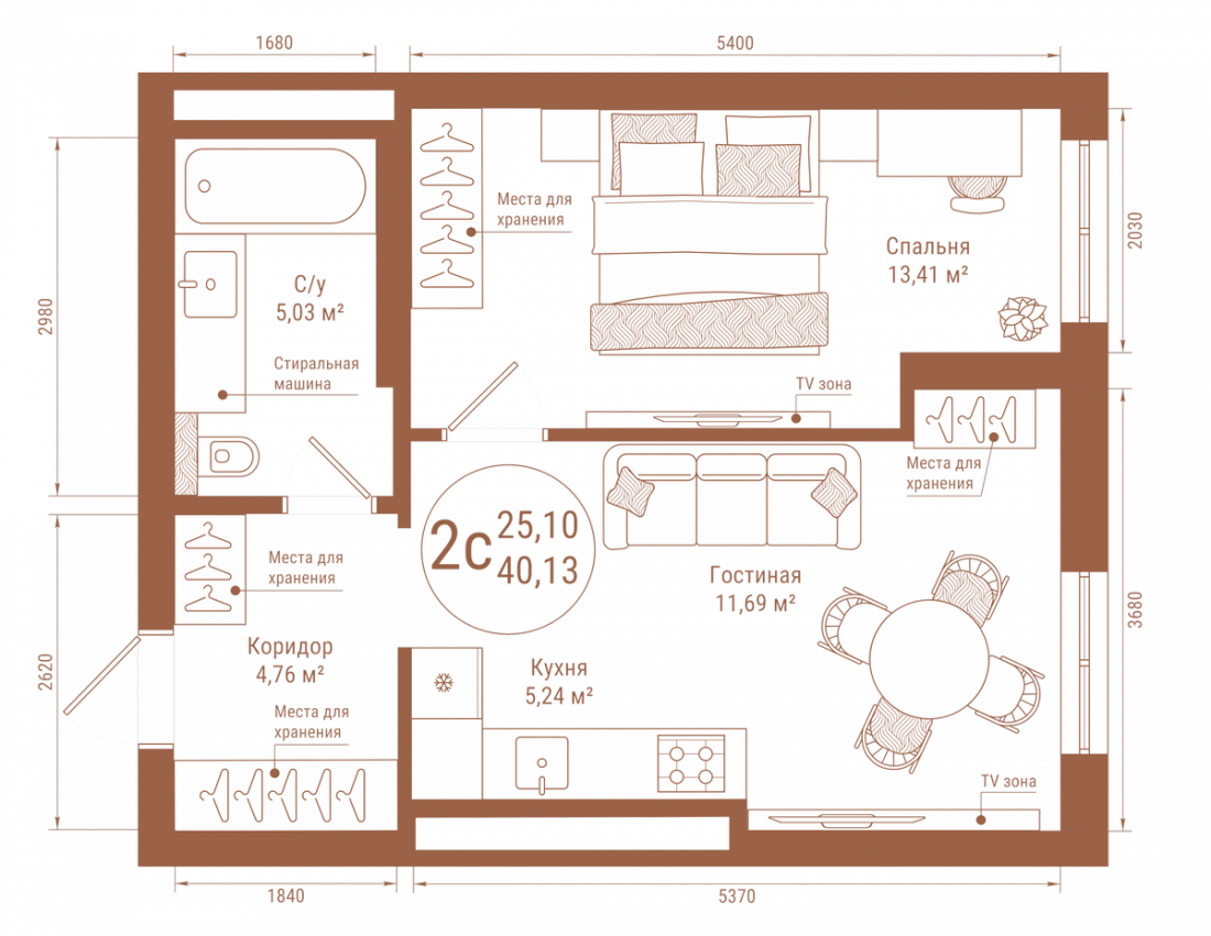 Планировка: 2-комн. квартира, 40.1 м²