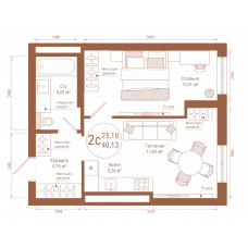 Планировка: 2-комн. квартира, 40.1 м²