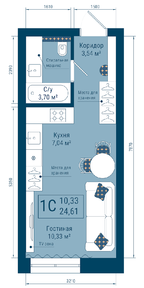 Планировка 1-комнатная квартира 24.6 м² в ЖК The Sky, 16 этаж — 7 313 199 ₽