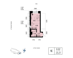 Планировка 1-комнатные 23,2 м²