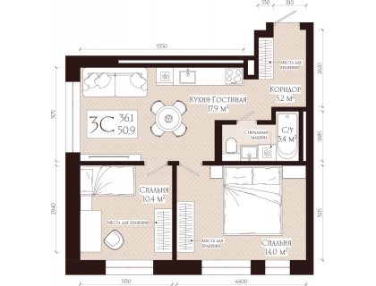 Планировка 3-комн. · 50.9 м²