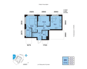 Планировка 2-комнатные 55,5 м²