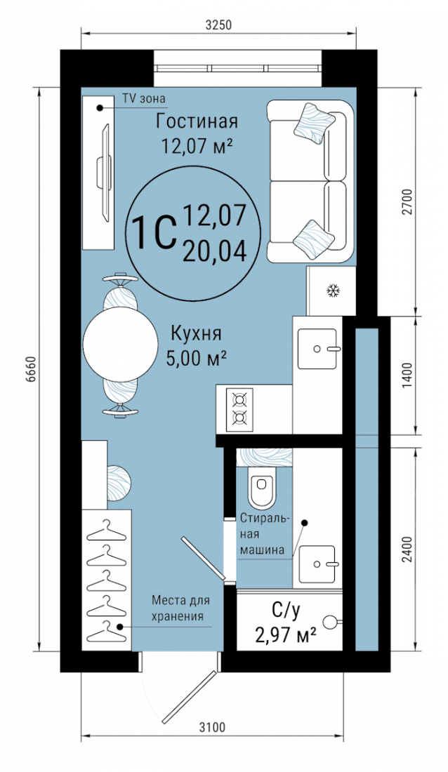 Планировка: 1-комн. квартира, 20 м²