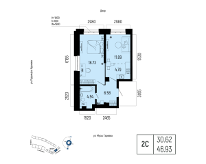 Планировка 2-комнатные 46,9 м²