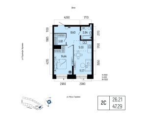 Планировка 2-комнатные 47,3 м²
