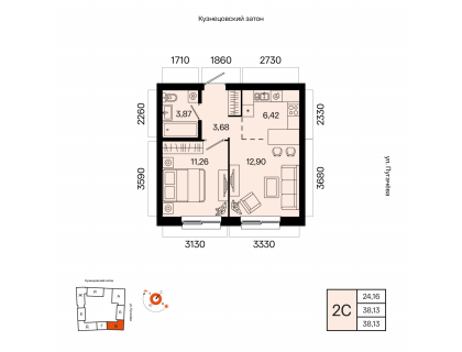 Планировка 2-комн. · 38.1 м²
