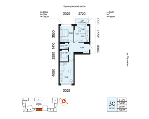 Планировка 3-комнатные 55,9 м²