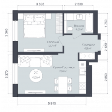 Планировка: 2-комн. квартира, 41.3 м²