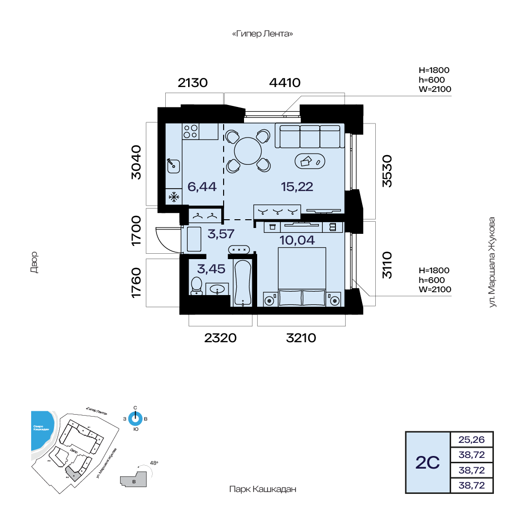 Планировка 2-комнатная квартира 38,7 м² в ЖК «Атлантис», 10 этаж — 8 725 000 ₽