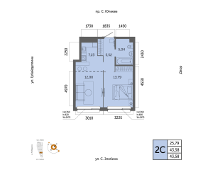 Планировка 2-комнатные 43,6 м²