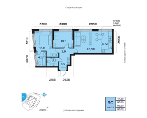 Планировка 3-комнатные 66,8 м²