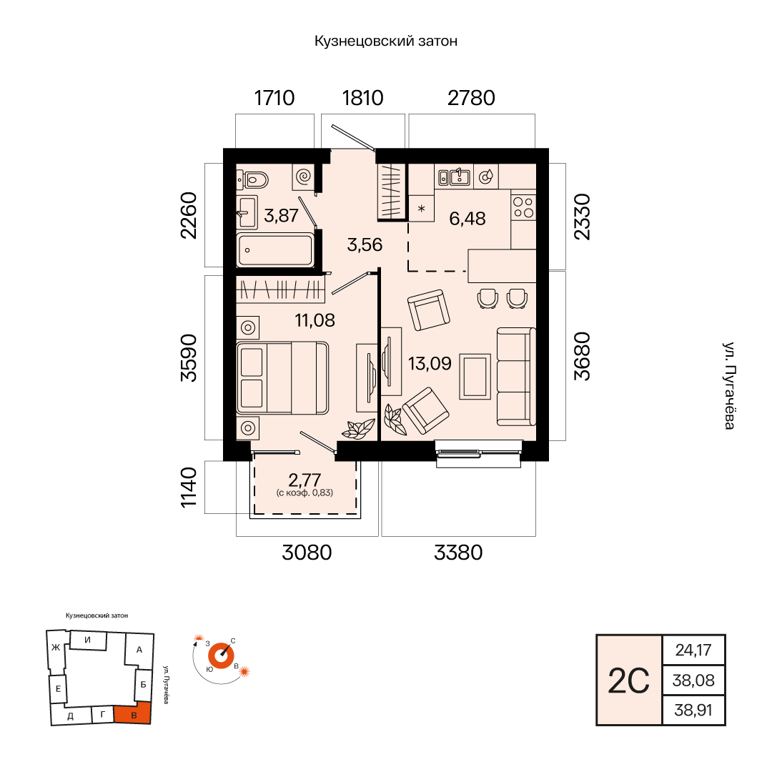 Планировка 2-комнатная квартира 38,9 м² в ЖК «Первый Остров», 6 этаж — 8 911 000 ₽