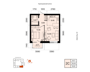 Планировка 2-комнатные 38,9 м²