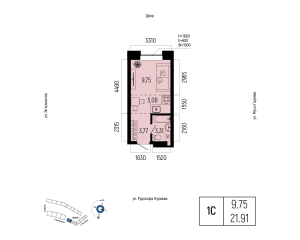 Планировка 1-комнатные 21,9 м²
