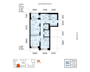Планировка 3-комнатные 73,5 м²