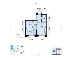 Планировка 2-комнатные 41,6 м²