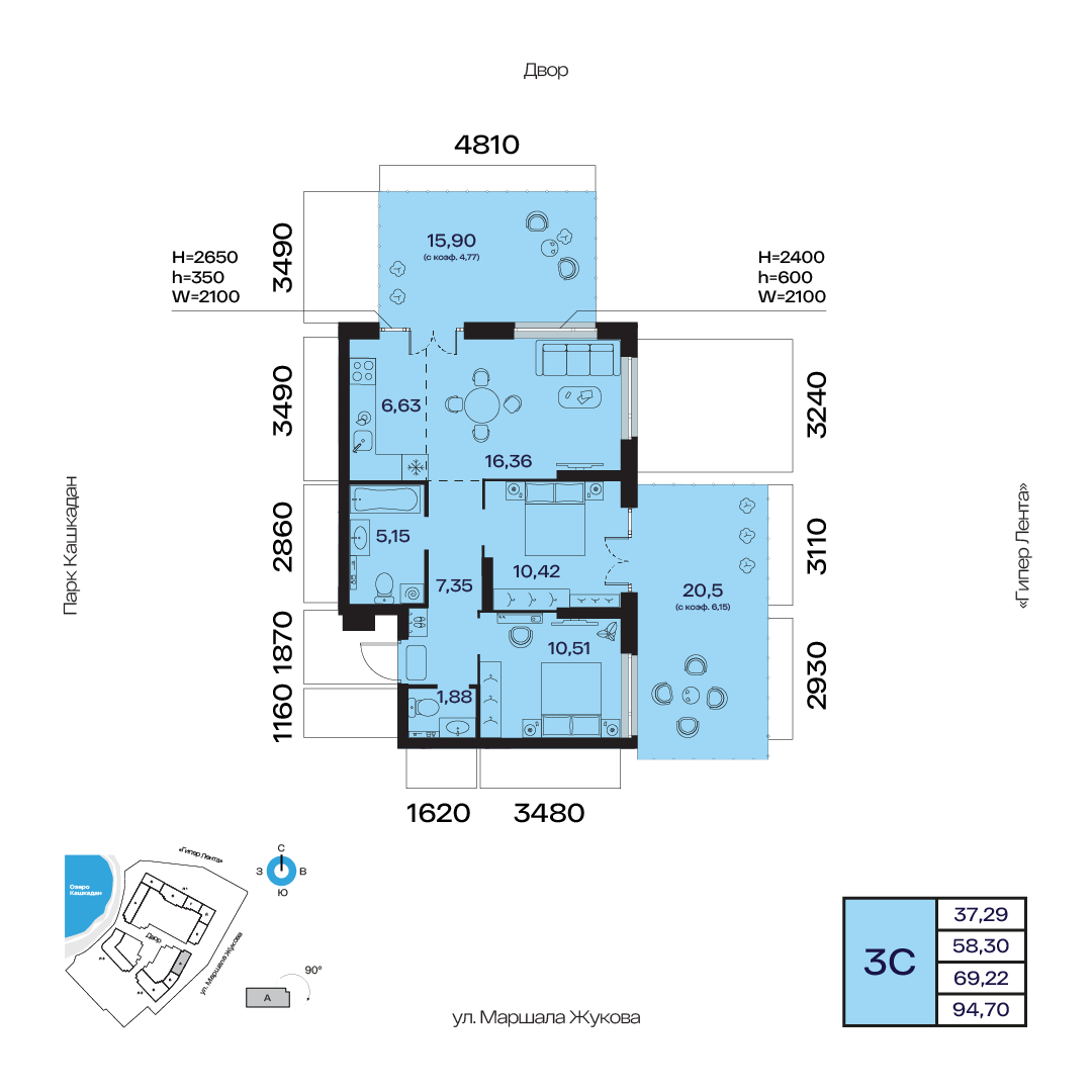 Планировка 3-комнатная квартира 69,2 м² в ЖК «Атлантис», 2 этаж — 13 503 300 ₽