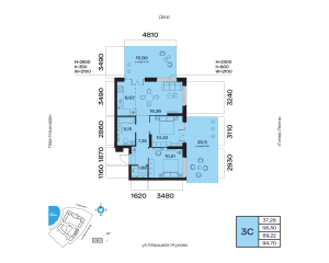 Планировка 3-комнатные 69,2 м²